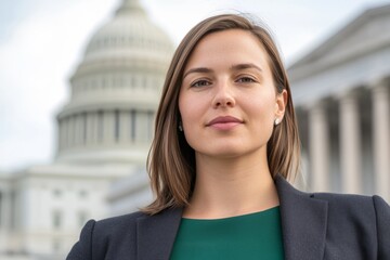 Confident young caucasian female professional in front of capitol building