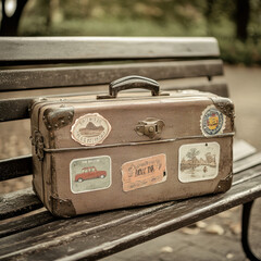 vintage suitcase with travel stickers on a wooden park bench, evoking a sense of nostalgia and wande