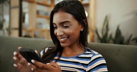Poster - House, smartphone and woman on couch, smile and network with connection, contact and typing. Happy person, social media and girl in lounge, cellphone or mobile app for email, online reading or joy