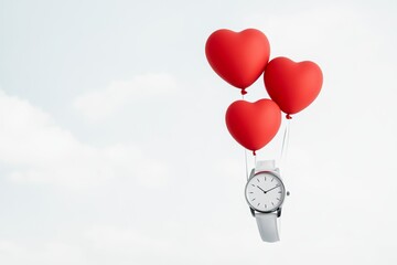 Wall Mural - watch is floating in the air with three red balloons