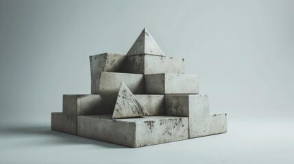 Aufkleber - An abstract 3D pyramid composed of stacked, weathered concrete blocks against a minimalistic background. Perfect for architectural, artistic, or conceptual themes. AI generated.