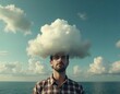 © miss irine - Surreal cloud head illustration man with cloud above head against sky, ocean view. Conceptual art explores mind, imagination, dreamlike, thoughtful mood, subconscious metaphoric human nature.