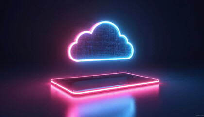 Leinwandbilder - Glowing neon cloud symbol hovers over tablet on dark background. Digital device shines blue, pink light. Cloud computing tech, wireless connection, data storage, modern cyberspace concept.
