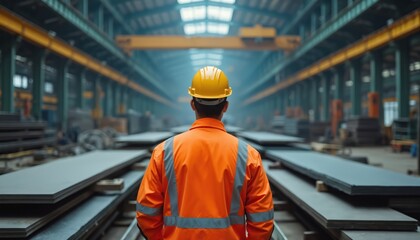 Aufkleber - Back view of worker in orange reflective jacket, safety helmet stands inside steel factory with metal sheets, industrial machinery in large manufacturing plant. Industry expert control production,