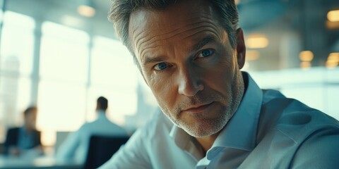 Wall Mural - A man with gray hair and beard, wearing a suit, sits at a desk in an office environment.