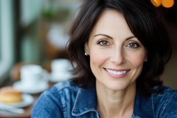 Wall Mural - Smiling female caucasian adult in casual setting with natural lighting