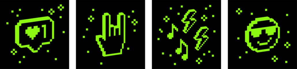 Fototapete - Festival vector green elements in pixel art. 3D rock hand icon. Music notes sticker. Mood of 90's. Y2k cool design element set. Bold and groovy pixel shapes. Black background