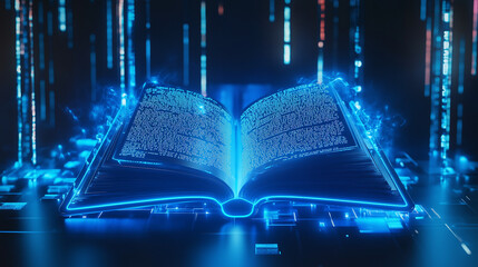 Futuristic glowing book with digital data, symbolizing technology, knowledge, and artificial intelligence in the future