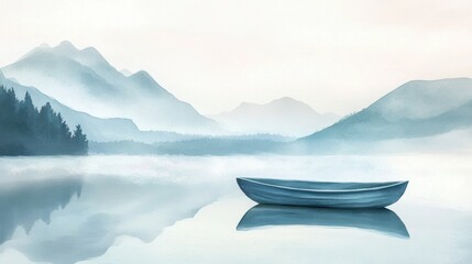 Aufkleber - Calm mountain lake with a single rowboat floating under a blank sky ready for a serene moment. Generative AI