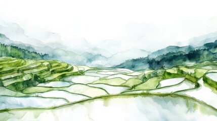 Poster - Serenity of flooded rice terraces in vibrant hand painted watercolor. Generative AI