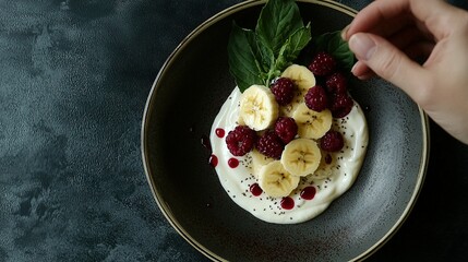 Wall Mural -   Food plate with bananas, raspberries, spinach & hand