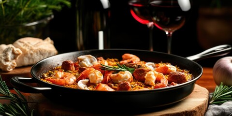 Wall Mural - A vibrant and appetizing seafood paella served in a black frying pan, garnished with herbs and lemon wedges, set against a rustic wooden table background.