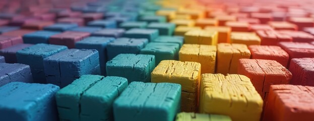 Fototapete - Abstract rainbow colors 3d wooden square cubes background. Textured dark painted wood blocks illustration. Geometric mosaic banner. Creative tile pattern, colors design, material surface. AI