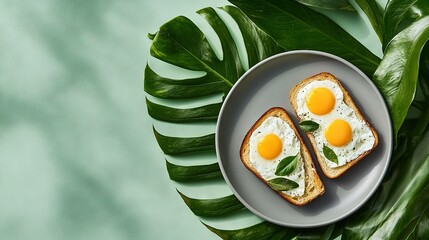 Wall Mural -   Two eggs on toast on a leafy green plate next to a green tablecloth and wall