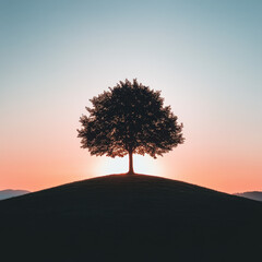Wall Mural - A solitary tree stands majestically atop a hill, silhouetted against a serene sunset, creating a peaceful and picturesque landscape scene.