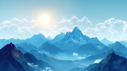 Aufkleber - Majestic mountain range under soft clouds and a bright sun in a tranquil blue sky inviting exploration and wonder. Generative AI
