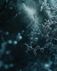  Abstract 3D render depicting molecular structures with a dark, textured background, evocative of scientific visualization and digital artistry.