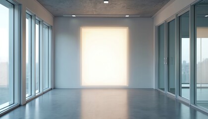 Poster - Contemporary office corridor features illuminated wall mockup rendering. Empty space modern interior with large windows. Long hallway design with concrete floor, ceiling. Concept architecture