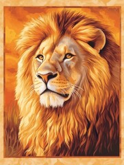 Poster - Regal lion portrait with golden mane glowing in warm sunset light, perfect for adding inspiring text or quotes. Generative AI