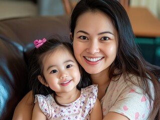 Wall Mural - A warm scene of a woman and child sharing a joyful moment on a couch.