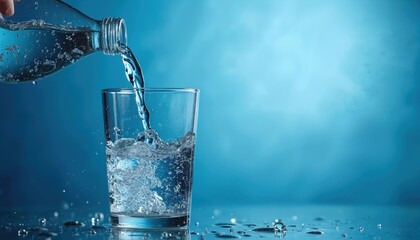Poster - Water bottle pours liquid into transparent glass against blue background. Macro photo. Clean water splashes creating droplet cascade. Healthy hydration and refreshment drink. Pure aqua fills glass.