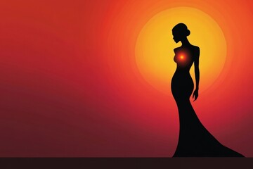 Leinwandbilder - Silhouette of a model standing gracefully against a vibrant sunset backdrop with glowing light elements. Generative AI