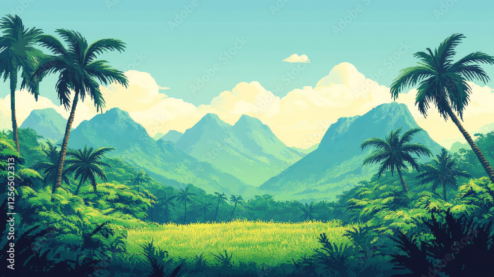 8 bit pixel art game, tropic jungle forest landscape with palms ...