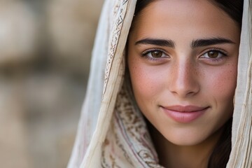 Wall Mural - Young caucasian female with headscarf smiling outdoors