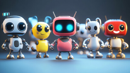 Poster - Cartoon robots characters, vector cyborgs and droids with friendly faces. Artificial intelligence isolated androids and humanoids with arms and wheels, smart ai bots technology, comic robot personages