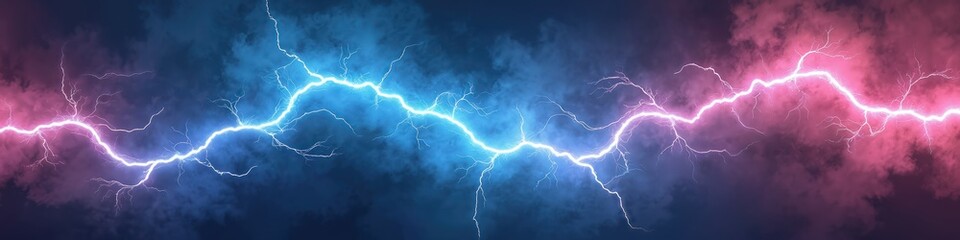 Poster - Illustration a dynamic lightning strikes with clouds. Large dark area for text. Blue, cyan and pink colored lightnings. Night sky with electric energy bolts, abstract storm background.