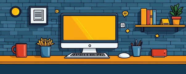 Poster - Vector Illustration of a Desk Workspace with Computer and Office Supplies