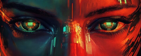 Poster - Futuristic cybernetic eyes with neon reflection and digital interface
