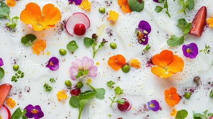 Wall Mural -   A white countertop holds a variety of fresh flowers, accompanied by a colorful array of fruits and vegetables