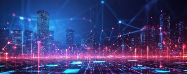 Poster - Futuristic urban nightscape with digital grid and neon lights in modern cityscape