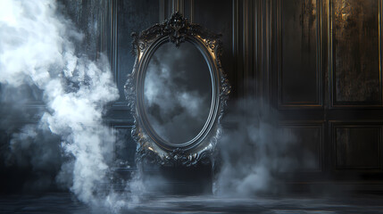 Wall Mural - Dimly lit room with a single ornate mirror surrounded by drifting smoke, national smoke and mirrors day, dramatic and mysterious mood,. Whispering Mirrors. Illustration