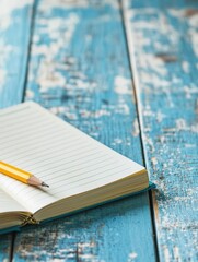 Poster - Open notebook with a yellow pencil resting on a bright wooden desk in a spacious and inviting workspace. Generative AI