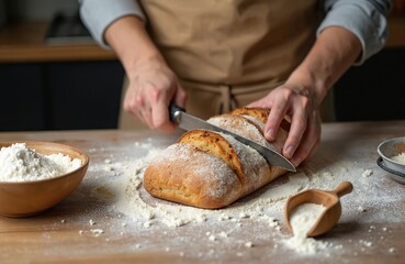 Man in apron cuts bread loaf. Homemade pastry on wooden table sprinkled with flour. Food preparation, cooking culinary. Slicing artisan bread, ingredient preparation. Morning breakfast preparation.