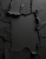 Fototapete - Torn black paper texture background with a jagged edge. Ripped sheet with hole creates abstract dark frame with empty space. Grunge material with copy space. Design element with graphic break.