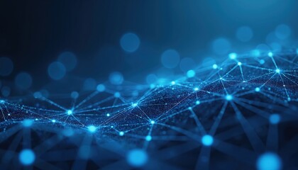 Fototapete - Abstract blue polygonal background with interconnected dots, lines. Tech conceptual design for data connection. Geometric business structure, computer network. Scientific research, modern futuristic