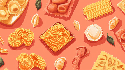 Italian pasta, natural organic macaroni product poster and banner template. Spaghetti, penne, farfalle, ravioli, lasagna and fusilli. Italian cuisine restaurant web banner, food packaging design