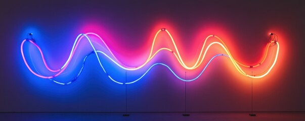 Poster - Colorful neon light art installation with vibrant wave patterns on wall