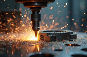 Aufkleber - CNC milling machine cuts mold part. Sparks fly during metalworking, using coolant method. Close-up of metal processing on industrial manufacturing equipment, showing precision, lubrication.