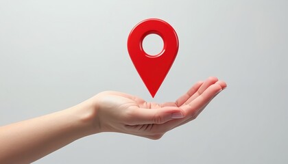 Fototapete - Hand holds red location pin marker above palm. Navigation concept, GPS tech, travel destination pointer, route symbol, journey guidance. Search direction, find way. Global positioning system.