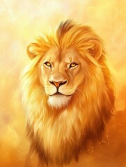 Poster - Majestic lion portrait with golden mane glowing in sunset light, perfect for adding custom text. Generative AI