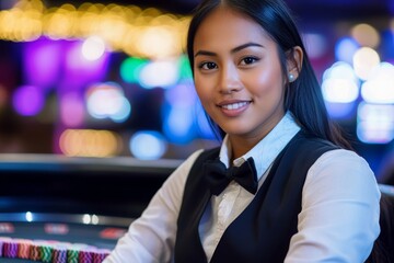 Asian female casino dealer smiling at roulette table in vibrant casino setting