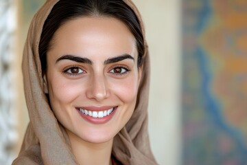 Wall Mural - Young caucasian female smiling with headscarf in bright setting