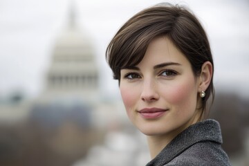 Wall Mural - Caucasian female young adult smiling in front of capitol building