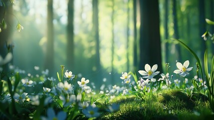 Wall Mural -   A lush green forest brimming with tall trees, surrounded by verdant grass and a cluster of white flowers