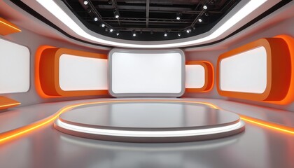 Poster - Modern TV studio background. Virtual set for online shows, live events. 3D rendering backdrop on VR tracking system. White screens, stage, orange illumination. Perfect for news, product presentation.