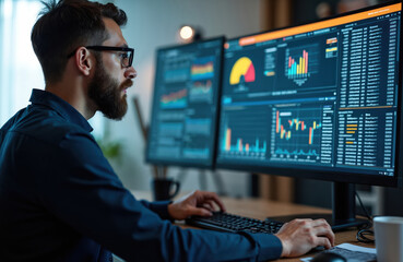Poster - manager reviews system logs, performance, data on large desktop screen. System administrator monitoring datum, tech infrastructure, coding, typing keyboard, troubleshooting problems. Engineer